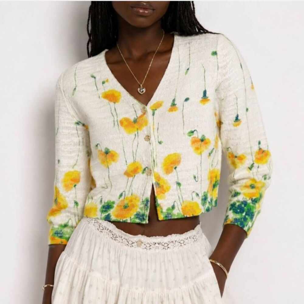 St. John Sport Knit California Poppies Floral Cardigan